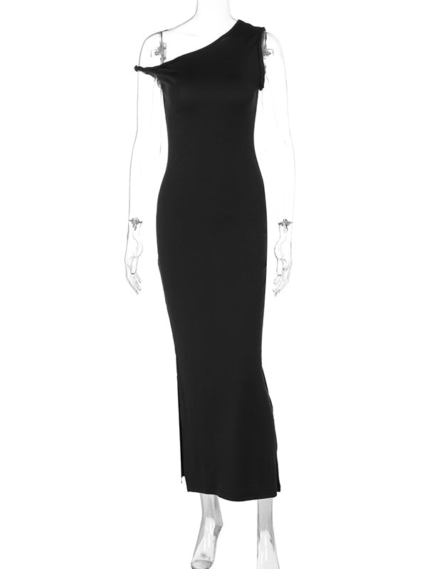 Momsmood Black One Shoulder Side Slit Asymmetrical Neck Sleeveless Bodycon Elegant Cocktail Party Maternity Photoshoot Baby Shower Maxi Dress