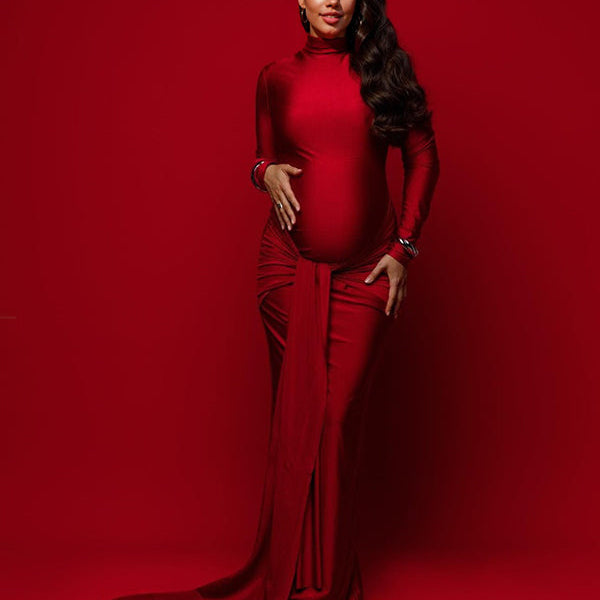 Momsmood Solid Color Belt Splicing Ruched Draped Bodycon Mermaid Long Sleeve Going Out Photoshoot Maternity Maxi Dress