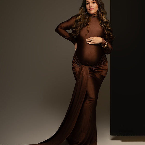 Momsmood Coffe Belt Splicing Ruched Draped Bodycon Mermaid Long Sleeve Going Out Photoshoot Maternity Maxi Dress