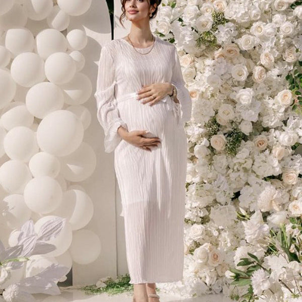 Momsmood White Pleated Sashes Flare Sleeve Bodycon Mermaid Going Out Cocktail Party Bandage Gowns Baby Shower Maternity Maxi Dress