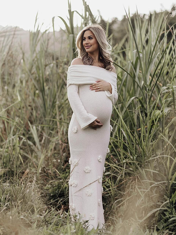 Momsmood White Off Shoulder 3D Flowers Knitting Backless Bodycon Mermaid  Cocktail Party Gowns Bandage Photoshoot Maternity