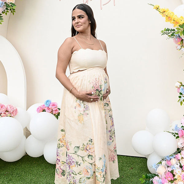 Momsmood Spaghetti Strap Backless Wavy Edge Cut Out Print Going Out Gowns Cute Baby Shower Maternity Maxi Dress