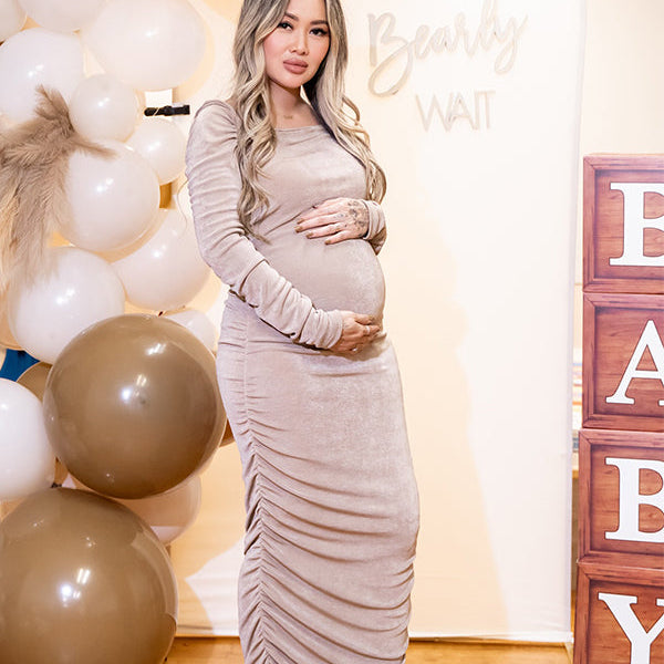 Momsmood Solid Color Cascading Ruffle U-Neck Long Sleeve Bodycon Elegant Going Out Gowns Cute Bandage Baby Shower Maternity Maxi Dress