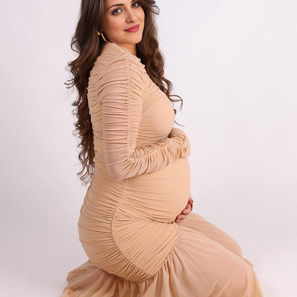 Momsmood Apricot Mesh Ruched Pleated Fish Tail Hem Round Neck Long Sleeve Bodycon Elegant Cocktail Party Gown Maternity Photoshoot Baby Shower Maxi Dress