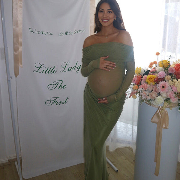 Momsmood Mesh Patchwork Ruched Off Shoulder Cut Out Elegant Cocktail Party Gown Sheer Maternity Photoshoot Baby Shower Maxi Dress