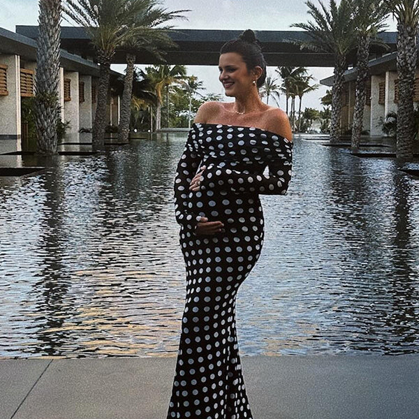 Momsmood Black And White Polka Dot Off Shoulder Ruched Bodycon Elegant Going Out Cocktail Maternity Photoshoot Maxi Dress