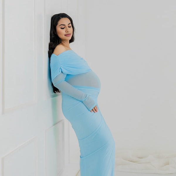 Momsmood Off Shoulder Mesh Splicing Cascading Ruffle Bodycon Going Out Gowns Photoshoot Maternity Maxi Dress