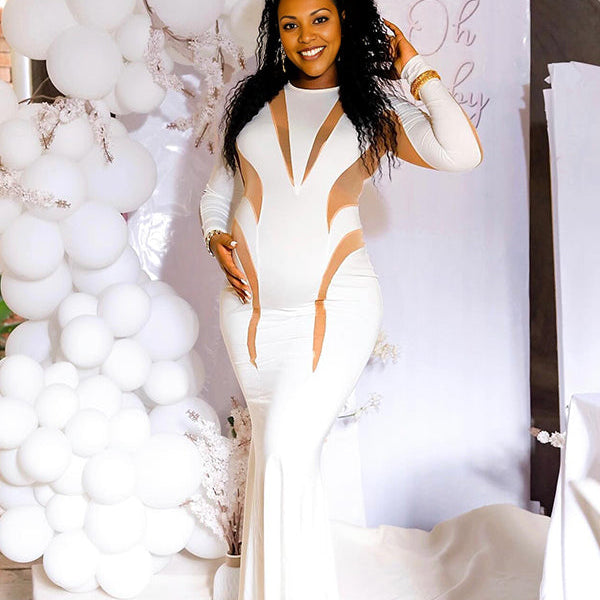 Momsmood White Mesh Patchwork Cut Out Mermaid Elegant Going Out Party Maternity Photoshoot Babyshower Maxi Dress