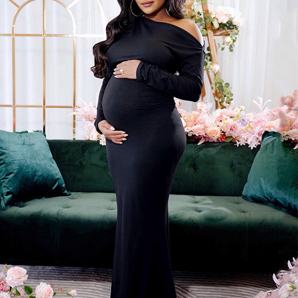 Momsmood Solid Color One Shoulder Ruched Backless Bodycon Mermaid Evening Cocktail Party Gown Babyshower Maternity Maxi Dress