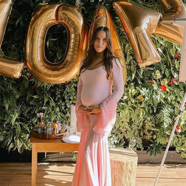 Momsmood Pink High-low Mesh Patchwork Falbala Ruffle Flare Sleeve Mermaid Elegant Cocktail Party Maternity Photoshoot Babyshower Maxi Dress