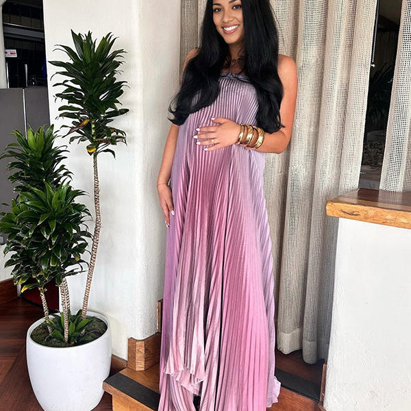 Momsmood Pink Gradient Color Bandeau Pleated Big Swing Strapless Elegant Cocktail Party Maternity Photoshoot Baby Shower Maxi Dress