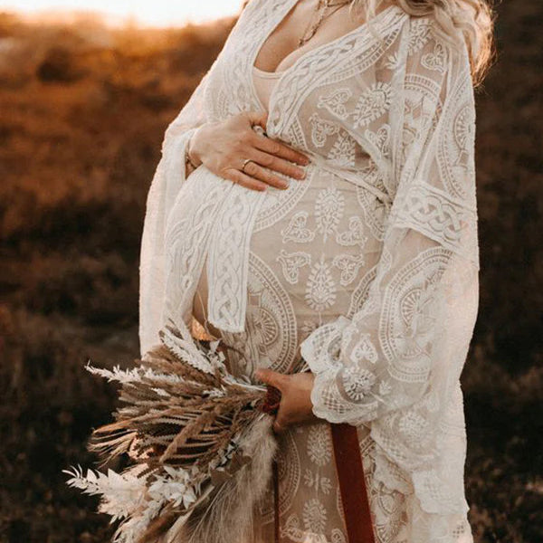 Momsmood Boho White Lace Open Belly Belt Robe Elegant Sheer Maternity Photoshoot Maxi Dress