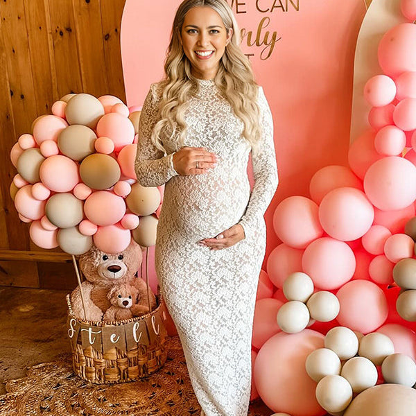 Momsmood White Lace Sheer Bodycon Elegant Cocktail Party Maternity Baby Shower Maxi Dress