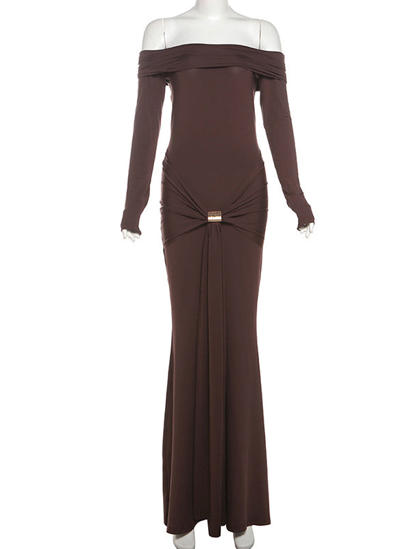 Momsmood Off Shoulder Draped Ruched Metal Buckle Bodycon Elegant Maternity Photoshoot Maxi Dress