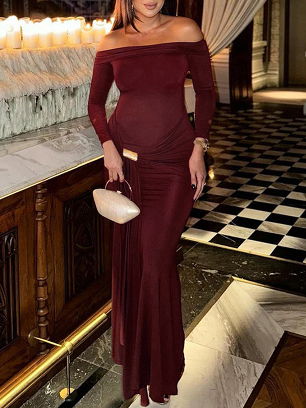 Momsmood Off Shoulder Draped Ruched Metal Buckle Bodycon Elegant Maternity Photoshoot Maxi Dress