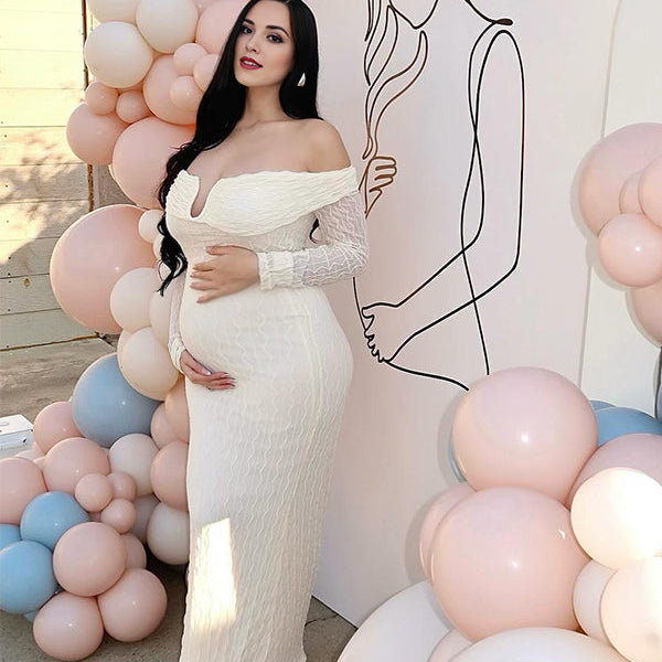 Momsmood Cream White Off Shoulder Textured U-Wire Bodycon Elegant Maternity Baby Shower Maxi Dress