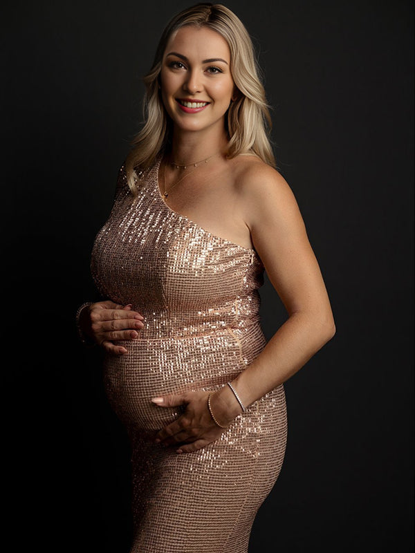 Momsmood Glitter Sequin One Shoulder Mermaid Elegant Christmas Evening Gown Maternity Photoshoot Maxi Dress