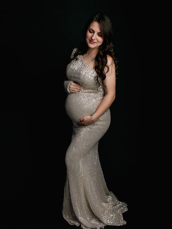 Momsmood Glitter Sequin One Shoulder Mermaid Elegant Christmas Evening Gown Maternity Photoshoot Maxi Dress