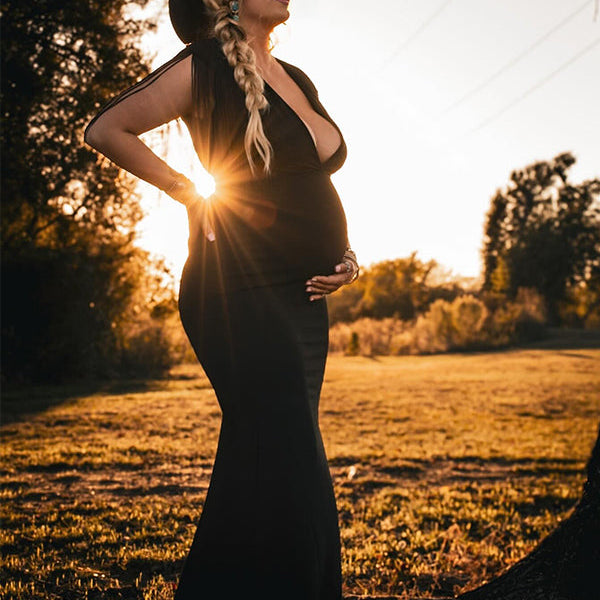Momsmood Black Tassel Fringe Cross Chest Mermaid Plus Size Elegant Cocktail Maternity Photoshoot Maxi Dress