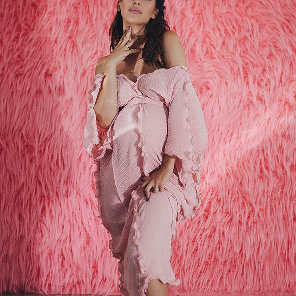 Momsmood Pink Ruffle Off Shoulder V-neck Belted Photoshoot Baby Shower Maternity Maxi Dress