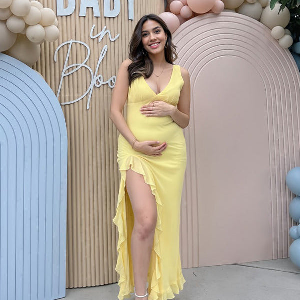Momsmood Yellow Ruffle Side Slit Flowy V-neck Bodycon Cute Baby Shower Maternity Maxi Dress
