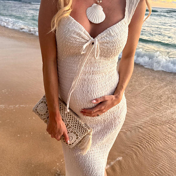 Momsmood Smocked Bow Tie Side Slit Elegant Bodycon Vacation Beach Photoshoot Cute Baby Shower Maternity Maxi Dress