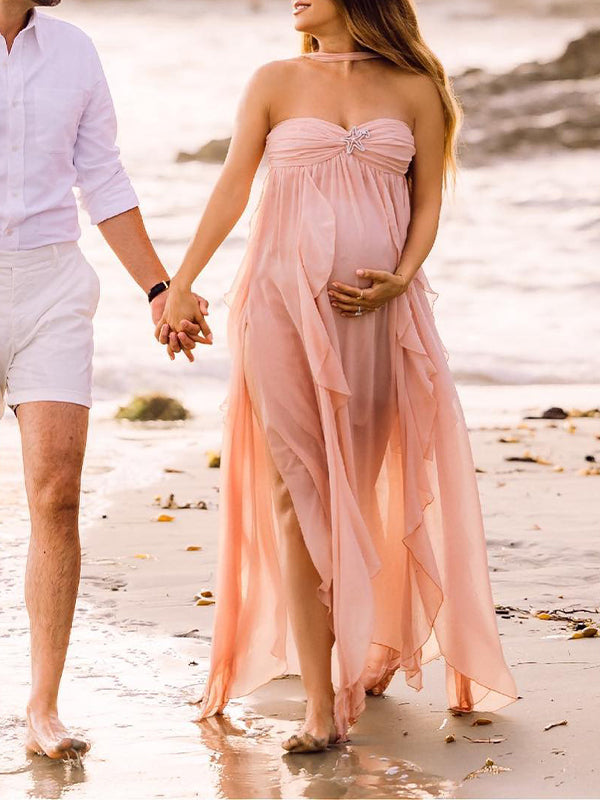 Momsmood Pink Irregular Ruffle Halter Neck Backless Flowy Elegant Vacation Beach Photoshoot Gender Reveal Girl Baby Shower Maternity Maxi Dress