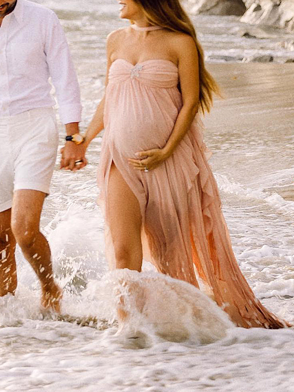 Momsmood Pink Irregular Ruffle Halter Neck Backless Flowy Elegant Vacation Beach Photoshoot Gender Reveal Girl Baby Shower Maternity Maxi Dress