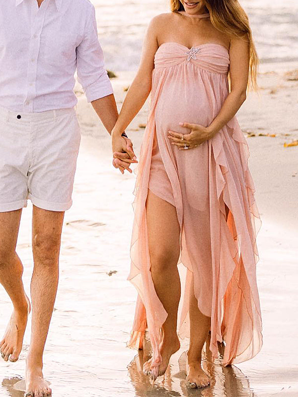 Momsmood Pink Irregular Ruffle Halter Neck Backless Flowy Elegant Vacation Beach Photoshoot Gender Reveal Girl Baby Shower Maternity Maxi Dress