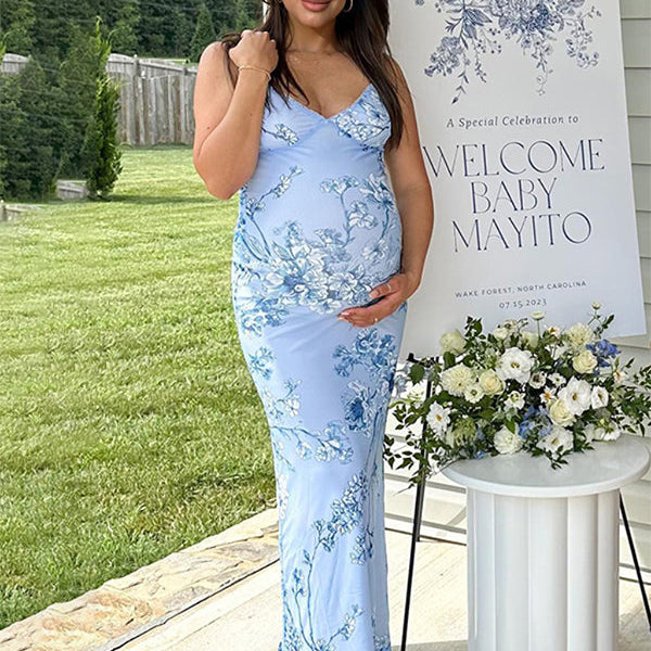 Momsmood Blue Flowers Spaghetti Strap Bodycon Fashion Vacation Cute Baby Shower Maternity Maxi Dress