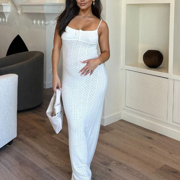 Momsmood White Crochet Cut Out Tie Back Slit Cami Bodycon Daily Cute Baby Shower Elegant Photoshoot Maternity Maxi Dress