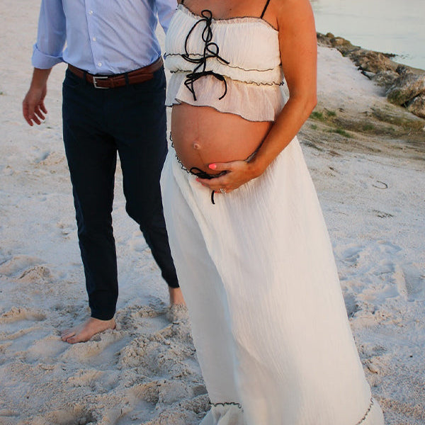 Momsmood Beige 2-in-1 Cake Ruffle Tie Cute Elegant Flowy Vacation Baby Shower Photoshoot Maternity Maxi Dress