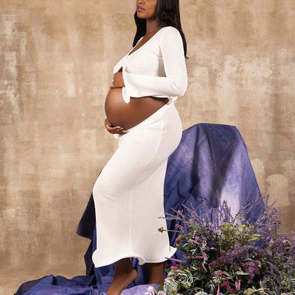 Momsmood White 2-in-1 Ruffle Cut Out Mermaid Bodycon Elegant Photoshoot Maternity Maxi Dress