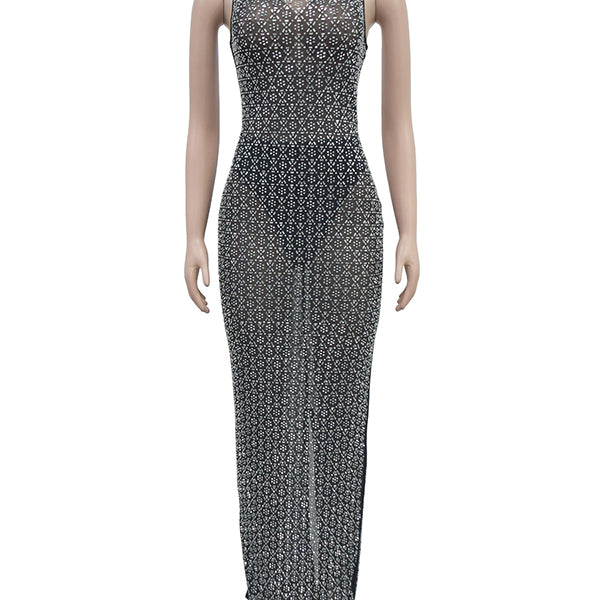 Momsmood Diamond Sparkly Rhinestone Back Slit Mesh Sheer Elegant Photoshoot Baby Shower Maternity Maxi Dress