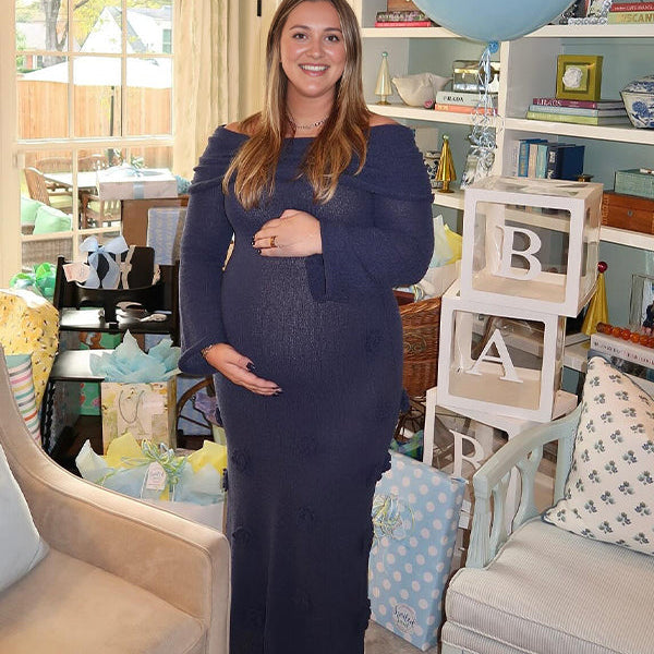 Momsmood Navy Blue Off Shoulder 3D Flowers Flare Sleeve Mermaid Bodycon Photoshoot Baby Shower Maternity Maxi Dress
