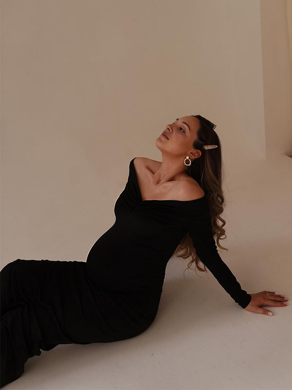 Momsmood Black Off Shoulder Ruched Bodycon Elegant Photoshoot Baby Shower Maternity Maxi Dress