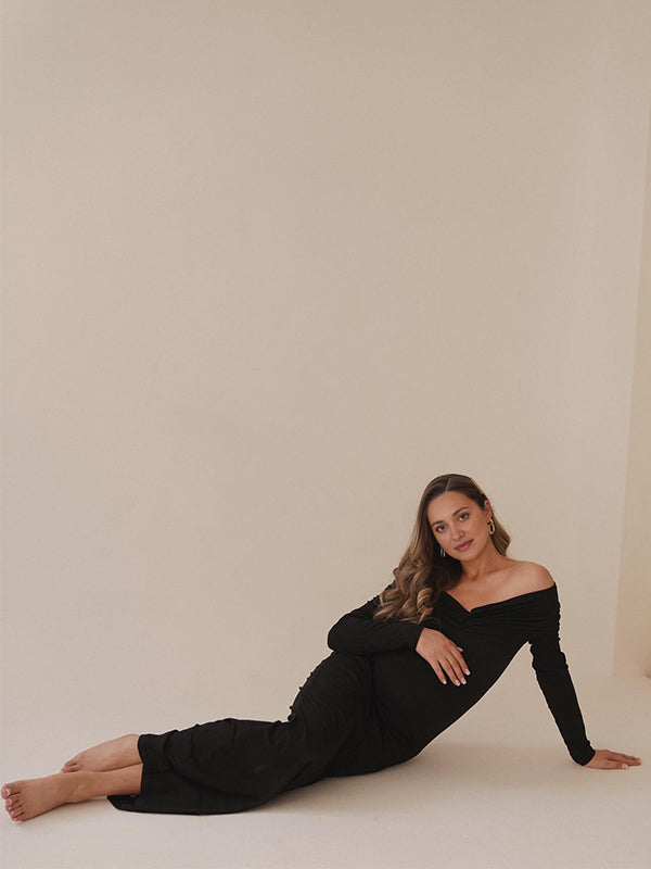 Momsmood Black Off Shoulder Ruched Bodycon Elegant Photoshoot Baby Shower Maternity Maxi Dress