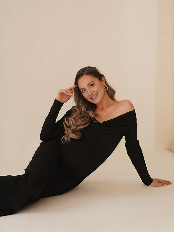 Momsmood Black Off Shoulder Ruched Bodycon Elegant Photoshoot Baby Shower Maternity Maxi Dress