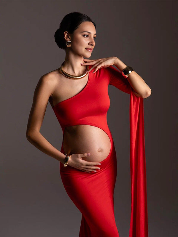 Momsmood Red One Slit Sleeve Cut Out Bodycon Elegant Photoshoot Maternity Maxi Dress