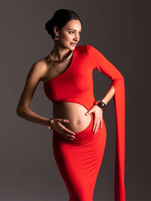 Momsmood Red One Slit Sleeve Cut Out Bodycon Elegant Photoshoot Maternity Maxi Dress