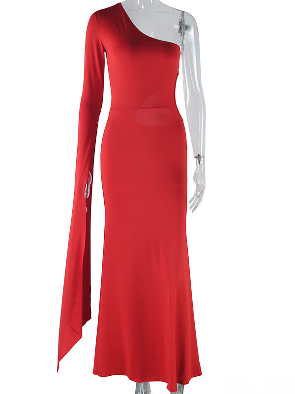 Momsmood Red One Slit Sleeve Cut Out Bodycon Elegant Photoshoot Maternity Maxi Dress