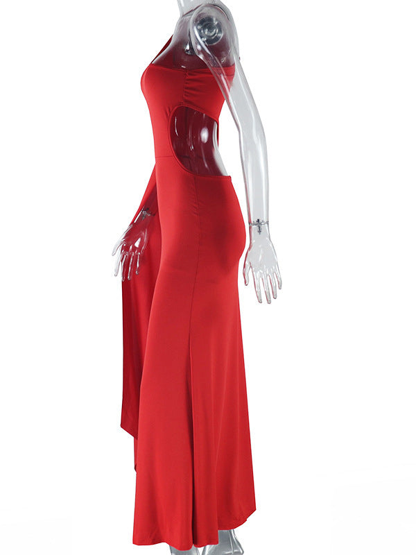 Momsmood Red One Slit Sleeve Cut Out Bodycon Elegant Photoshoot Maternity Maxi Dress