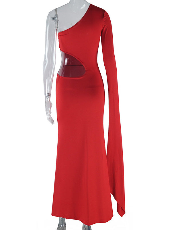 Momsmood Red One Slit Sleeve Cut Out Bodycon Elegant Photoshoot Maternity Maxi Dress