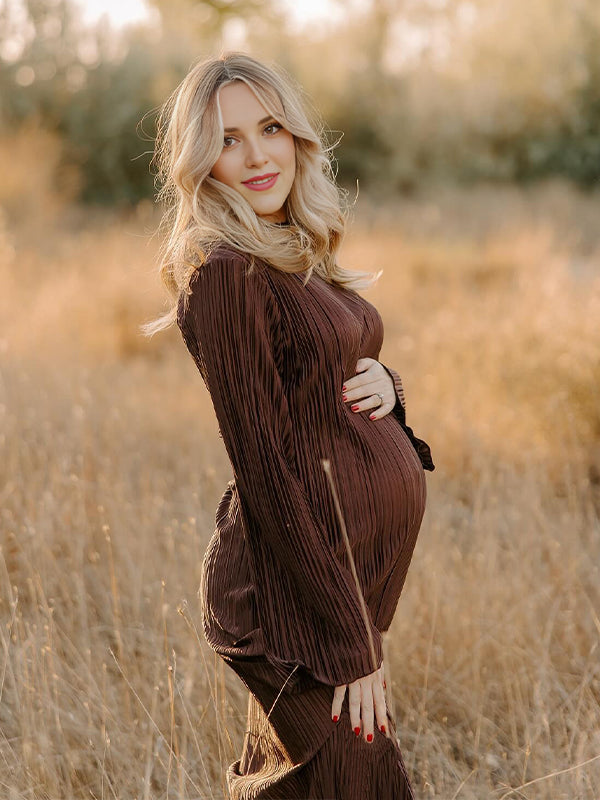 Momsmood Brown Pleated Ruffle Belted Elegant Photoshoot Baby Shower Maternity Maxi Dress