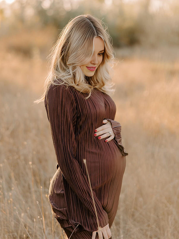 Momsmood Brown Pleated Ruffle Belted Elegant Photoshoot Baby Shower Maternity Maxi Dress