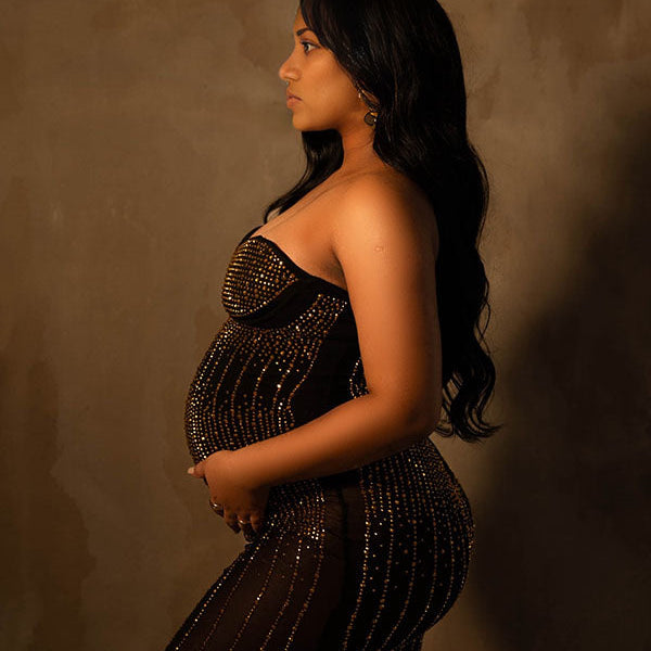 Momsmood Black Sparkly Diamond Rhinestone Sheer Bodycon Elegant Photoshoot Maternity Midi Dress