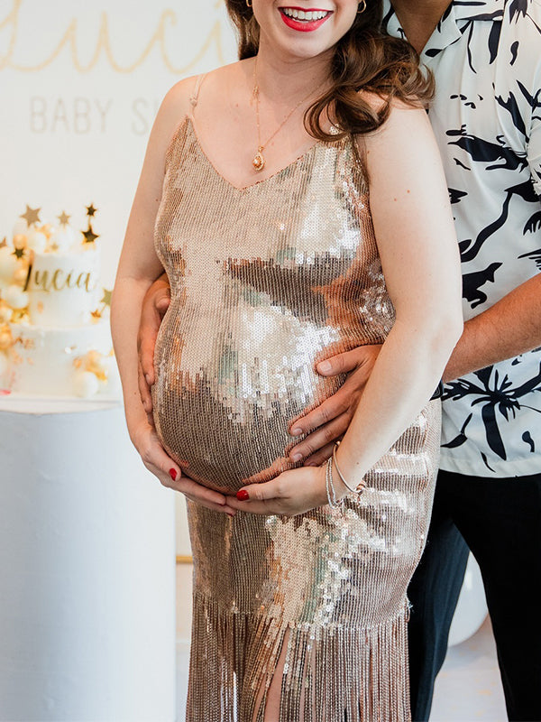 Momsmood Champagne Sequin Tassel Backless Bodycon Cocktail Party Baby Shower Maternity Midi Dress