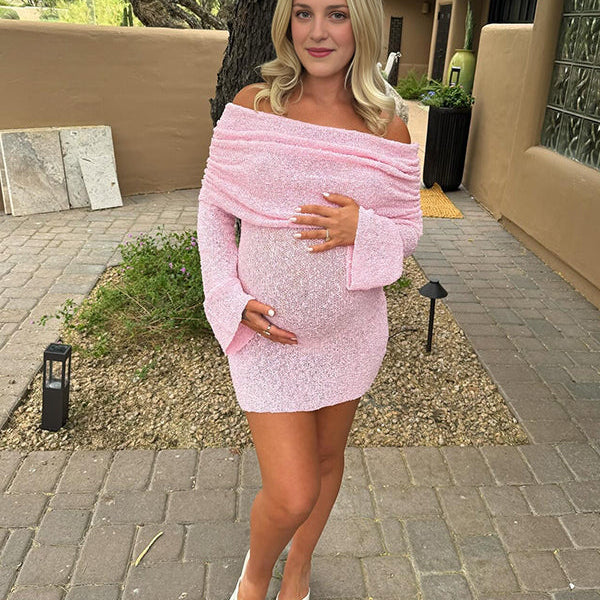 Momsmood Pink Off Shoulder Knitwear Bodycon Going Out Dress Cute Baby Shower Maternity Mini Dress