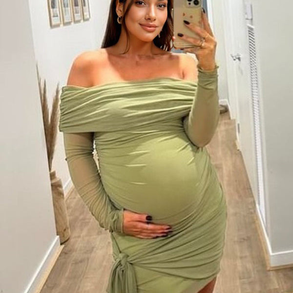 Momsmood Green Mesh Ruched Knot Draped Off Shoulder Bodycon Elegant Cocktail Party Maternity Photoshoot Baby Shower Mini Dress