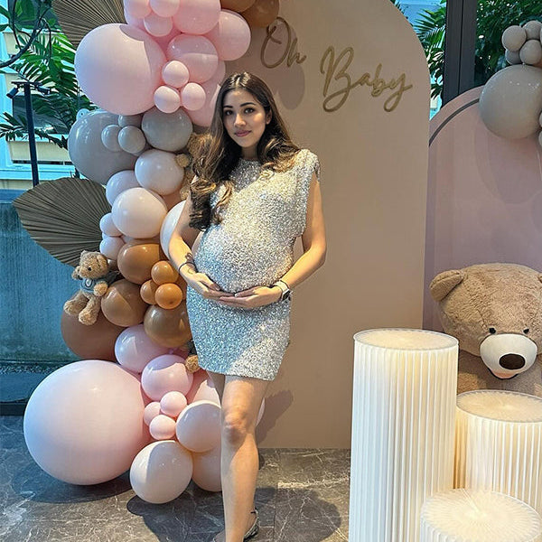 Momsmood Sparkle Sequin Shoulder Pads High Neck Sleeveless Bodycon Elegant Cocktail Party Maternity Photoshoot Baby Shower Mini Dress